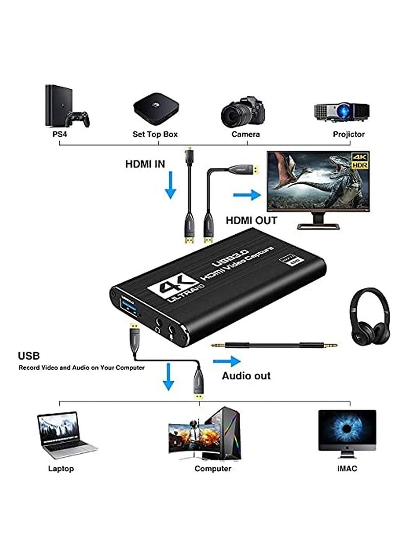 بطاقة التقاط الفيديو، 4K USB 3.0 1080P 60fps HDMI جهاز صوت، محول ألعاب محمول لبث الألعاب - Image 3